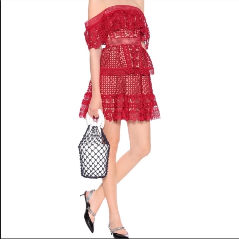 Self-Portrait Red Off-Shoulder Lace Mini Dress